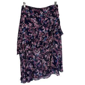 MISA Los Angeles Medium Carmen Floral Navy Ruffle Tiered Midi Skirt Spring G12
